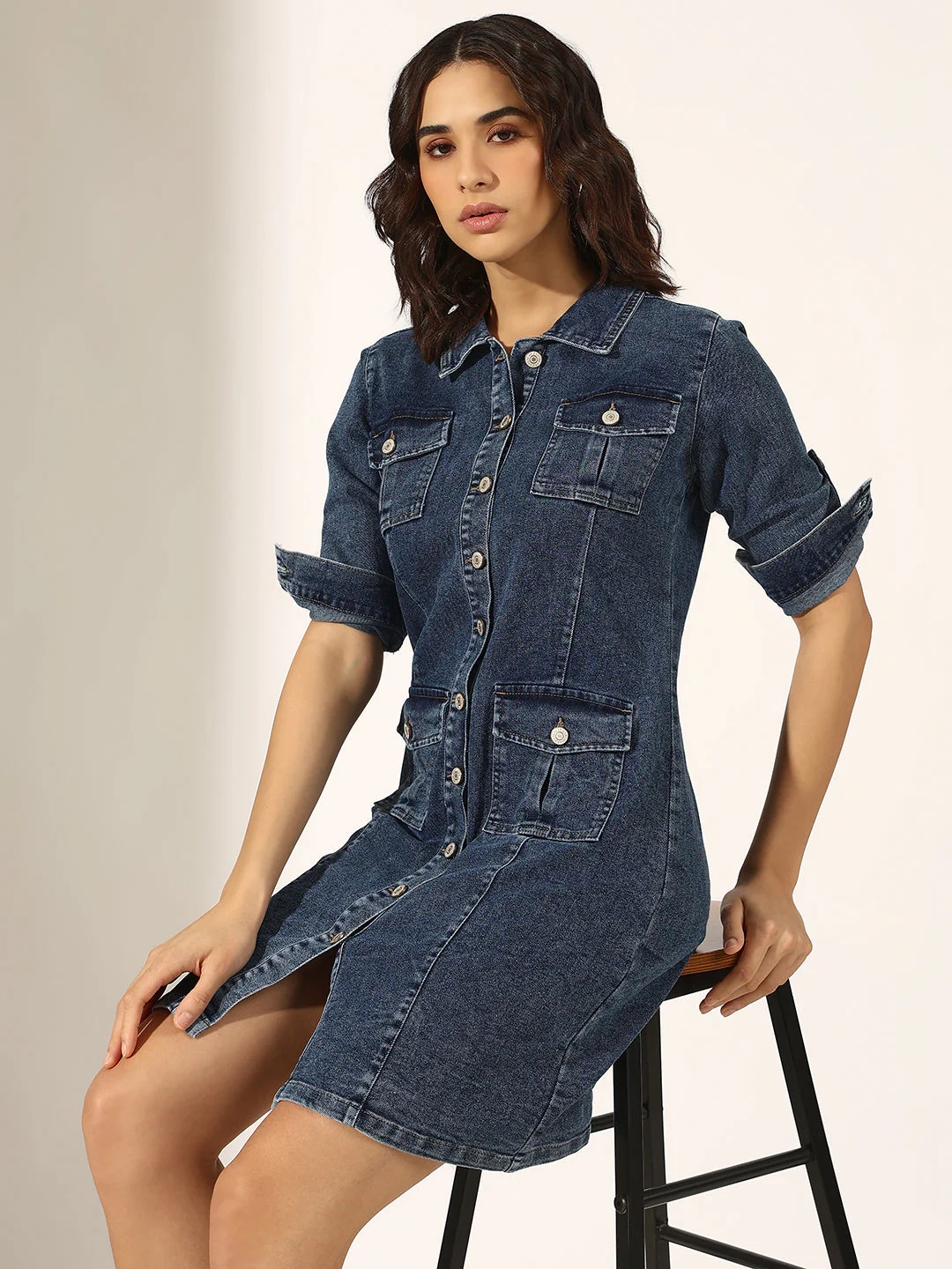 Women's Blue Denim Button-Down Shirt Collar Dress with Utility Pockets