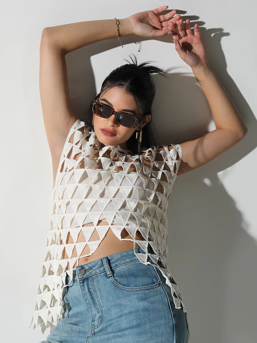 Women's Triangle Cut Out Off White Asymmetric Top