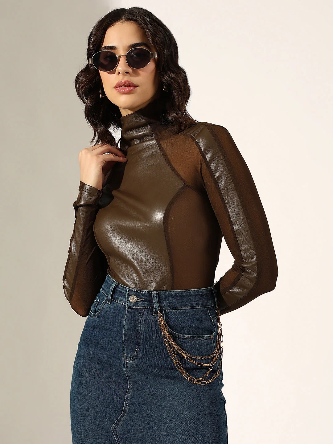 Women's Brown Faux Leather Sheer Panel Top